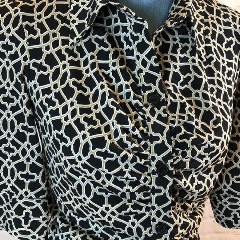 Laundry Shelli Segal Dress Black Tan Shirt Ruched Bust & Belt 3/4 Sleeve Size 8 - Picture 4 of 6